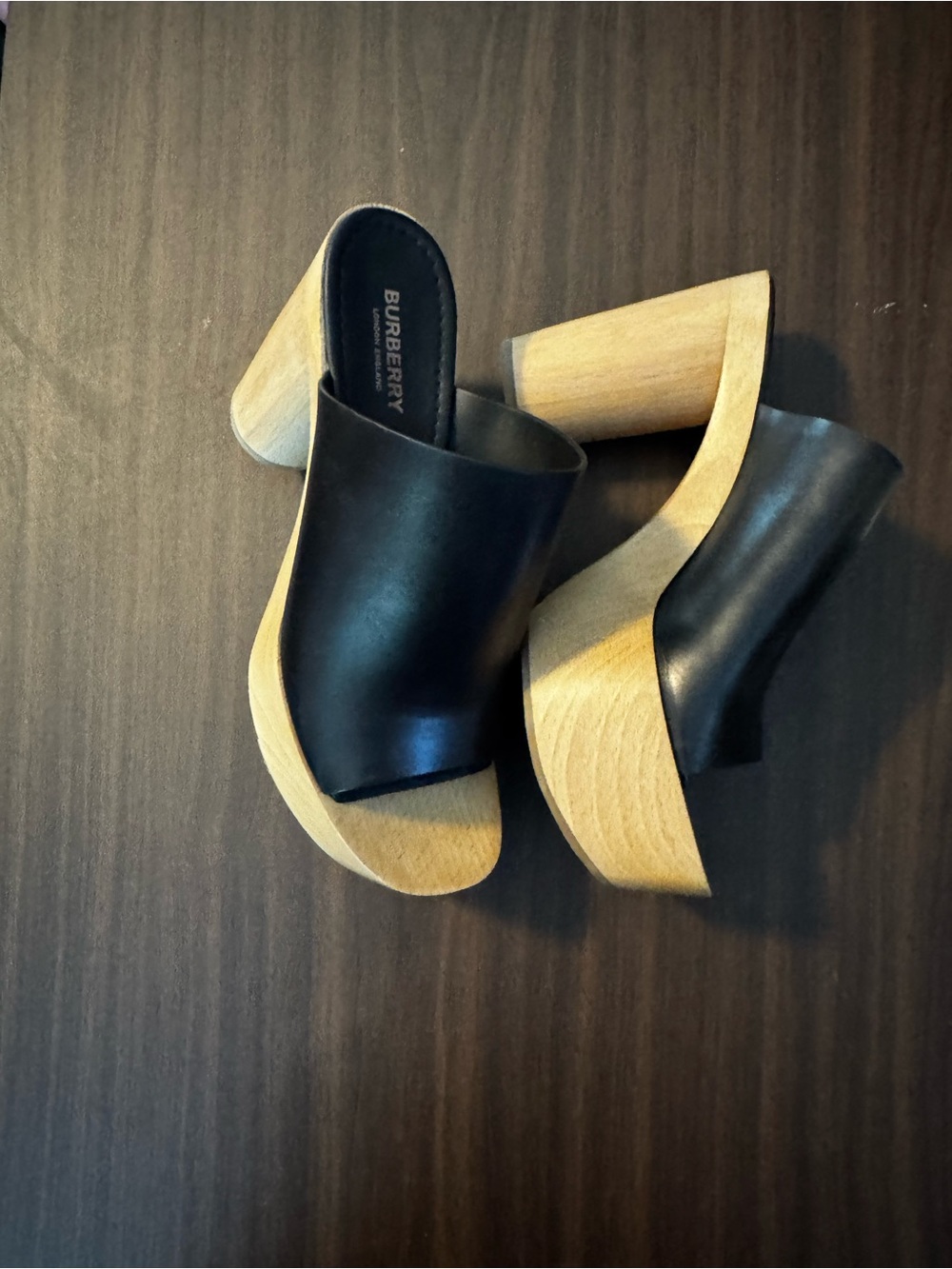 Burberry Black Leather Platform Mules with Wood Heel